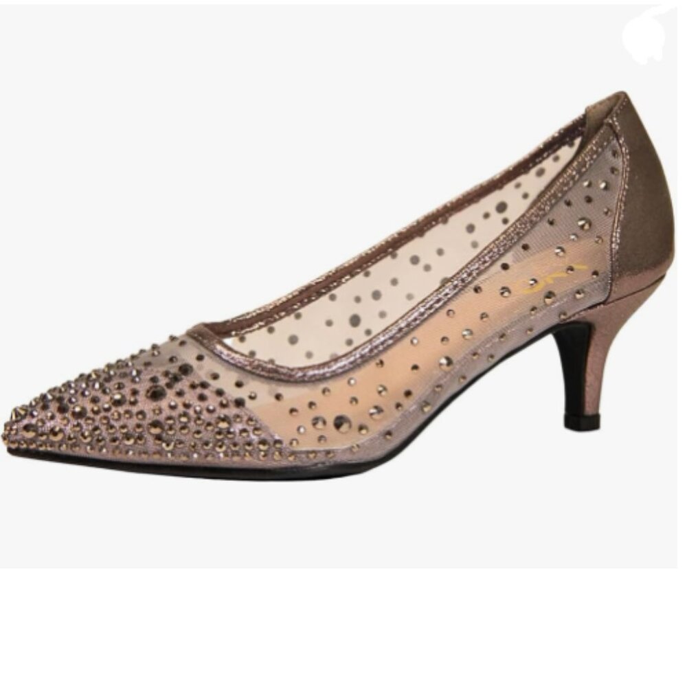 XYD Brown Pointed Toe Slip On Mesh Pumps Rhinestone Studs Kitten Heels Shoes